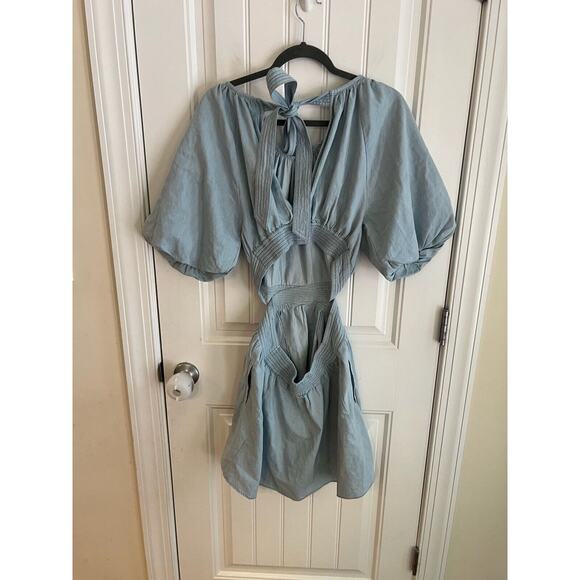 Anthropologie Love the Label Puff-Sleeved Mini Dress Chambray Tie Back SZ S NWT - Picture 6 of 6